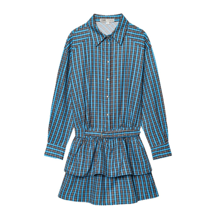 Damen Hemdkleid mit Gürtel, Karo‑Muster und Stufenrock Drune