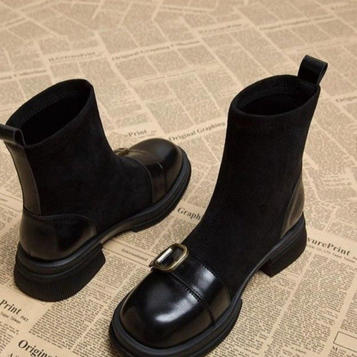 Damen Elegante Chelsea-Stiefeletten mit Blockabsatz und Schnallen-Detail Drune