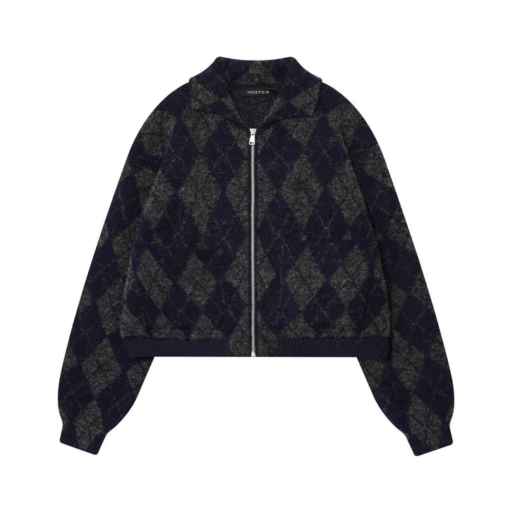 Damen modische Karojacke mit hohem Kragen und Reißverschluss Drune
