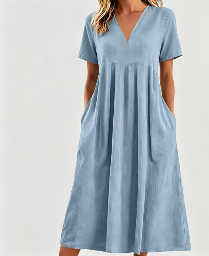 Damen nan legeres V-Ausschnitt-Midikleid mit Eingrifftaschen und geraffter Empirenaht Drune