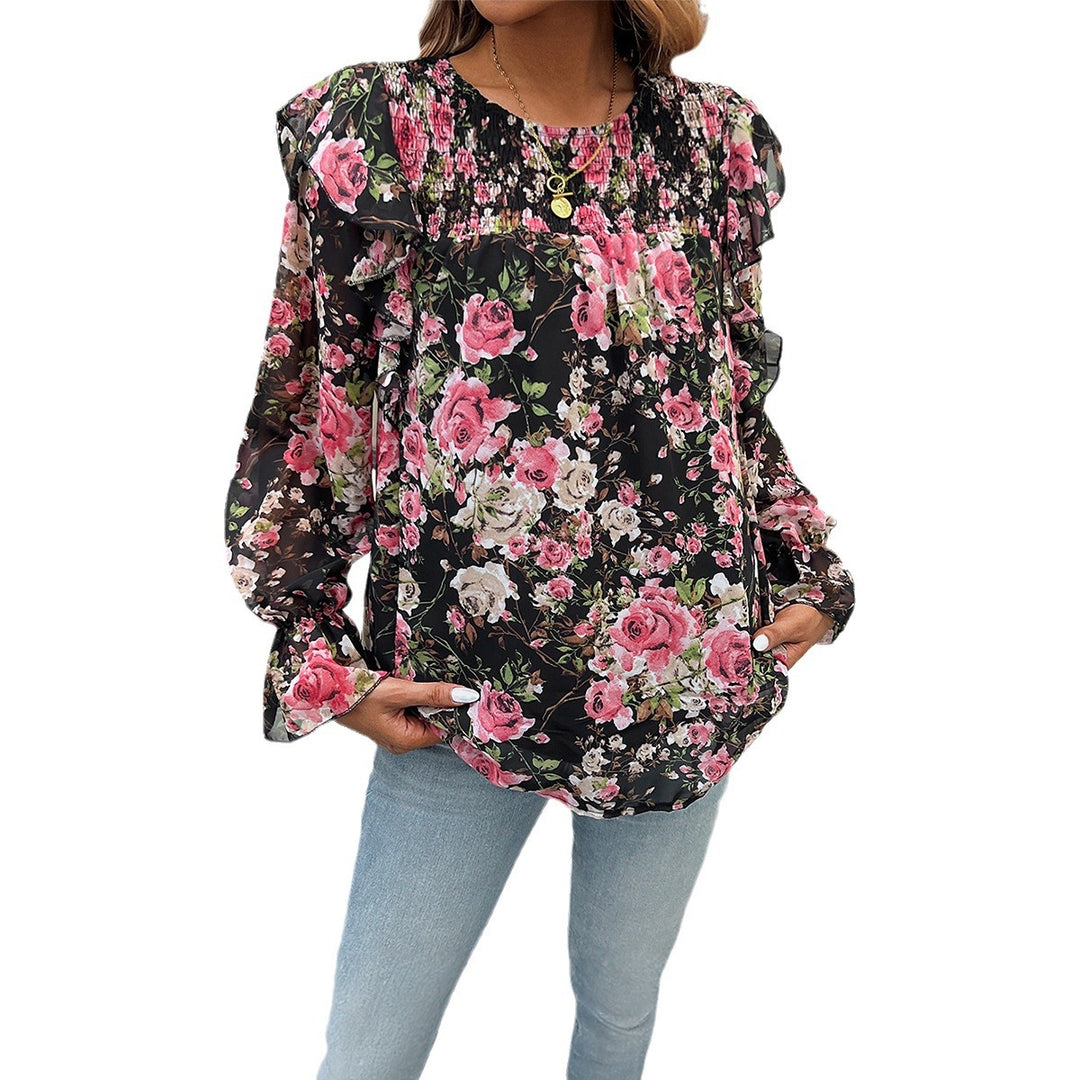 Damen nan geblümte Chiffonbluse mit geraffter Passe, Volantärmeln und lockerem Fall Drune