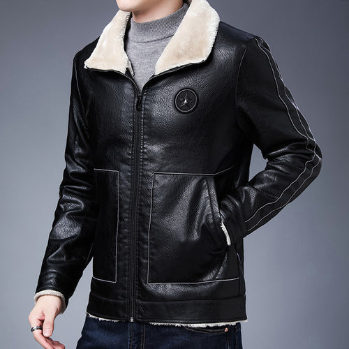 Herren Kunstleder‑Fliegerjacke mit durchgehendem Teddyfutter und Stehkragen Drune
