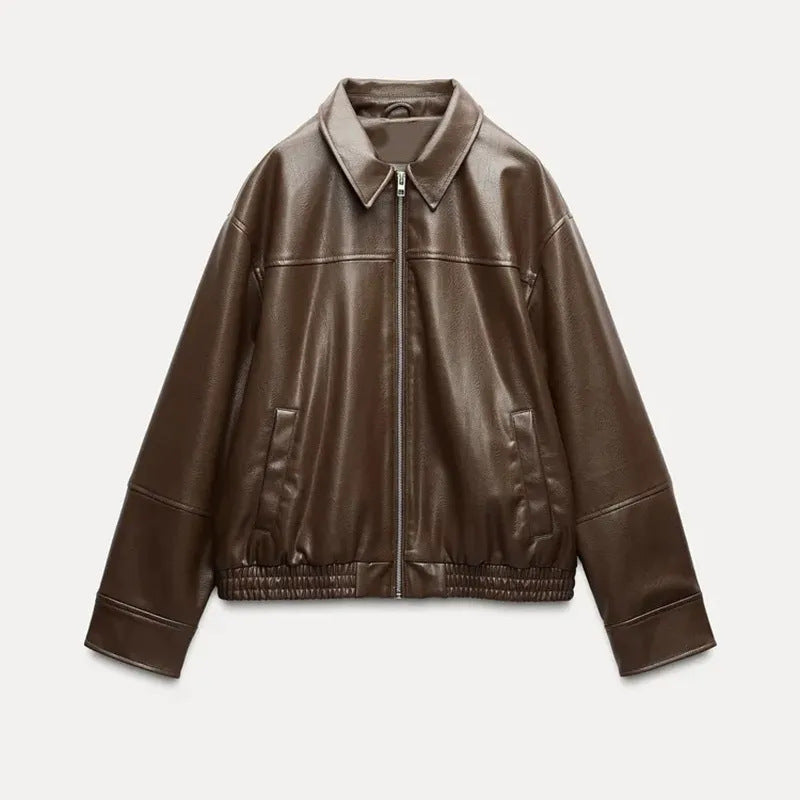 Damen modische Kunstlederjacke mit elastischem Bund Drune