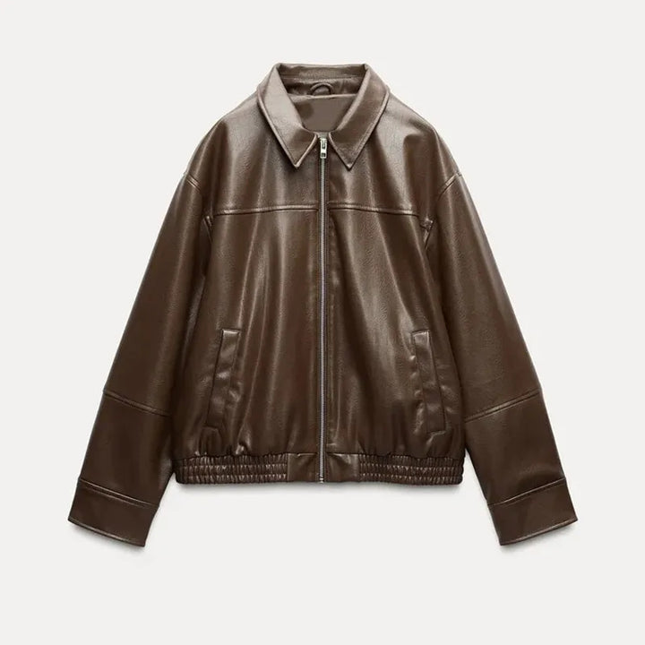 Damen modische Kunstlederjacke mit elastischem Bund Drune