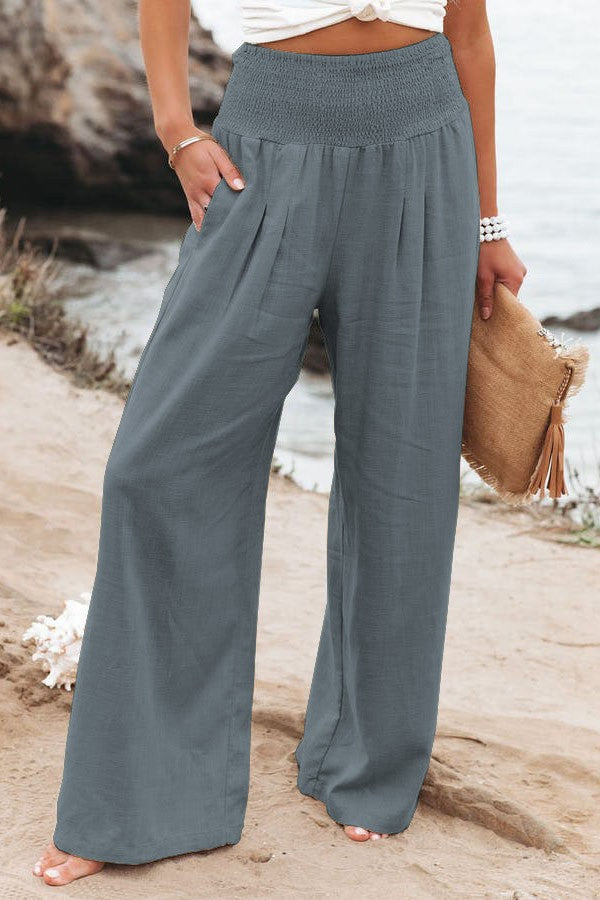 Damen weite Leinenhose mit elastischem Bund und Falten Drune