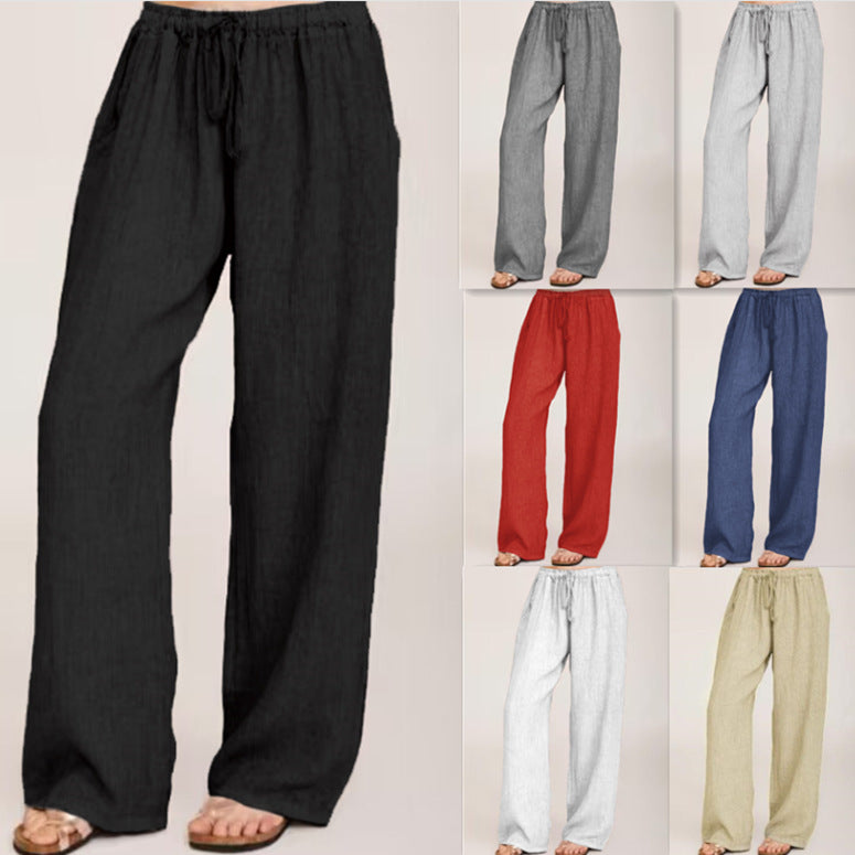 Damen Weite Leinenhose mit elastischem Bund und Seitentaschen Drune