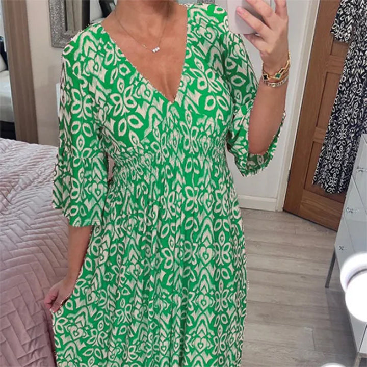 Damen Maxikleid mit V-Ausschnitt, gerafftem Taillenteil und Rüschendreiviertelärmeln Drune