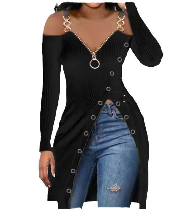 Damen Figurbetontes V-Ausschnitt Kleid mit Zipper und Schmuckdetails Drune
