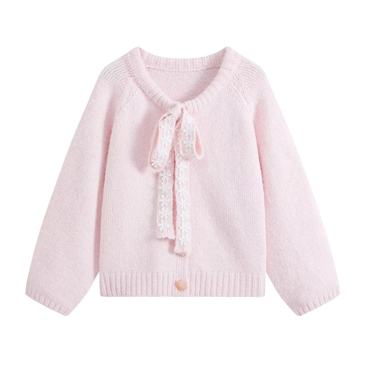 Damen Flauschige Strickjacke mit Spitzenband-Bindung Drune