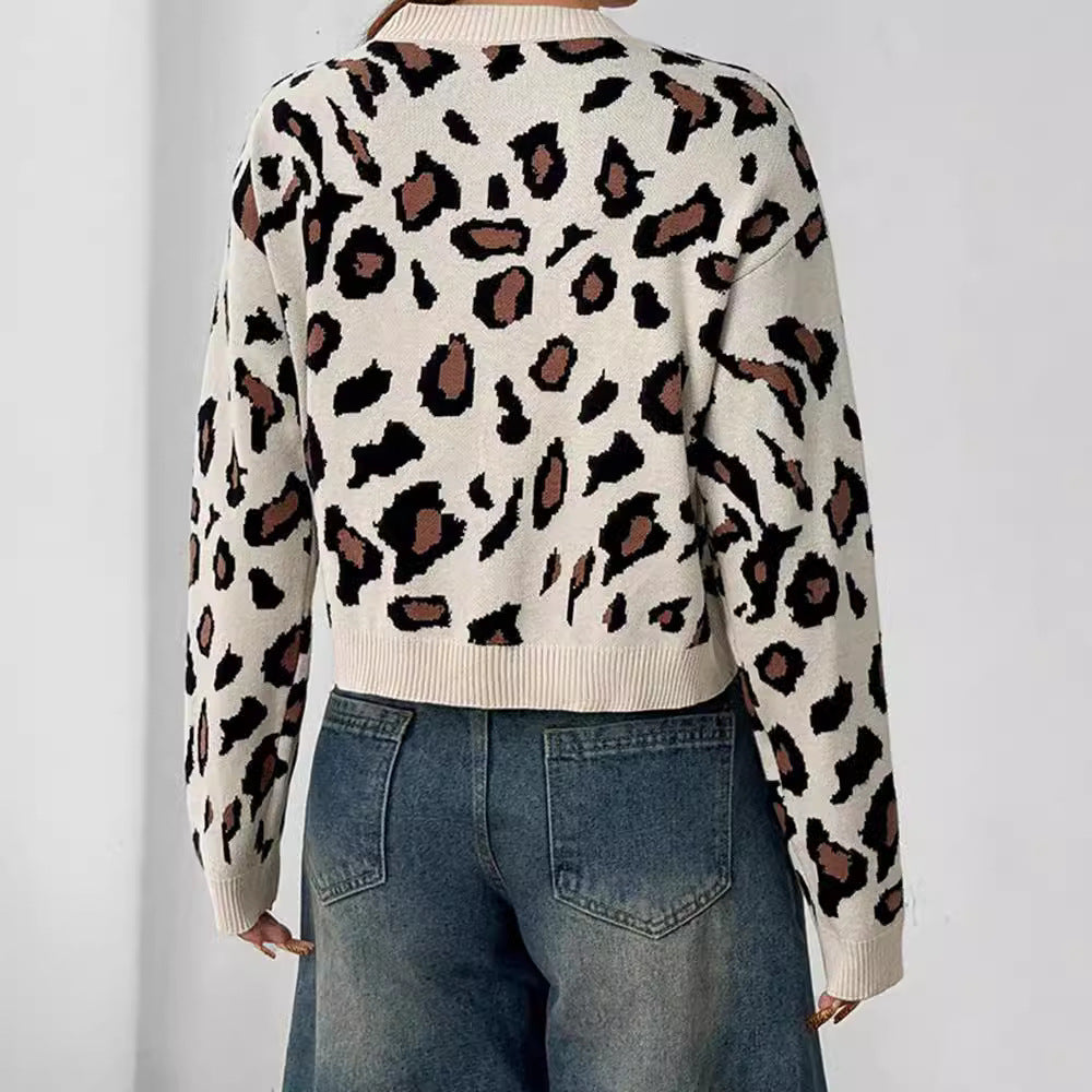 Damen Stilvolle Leopardenstrickjacke mit Bindebändern Drune
