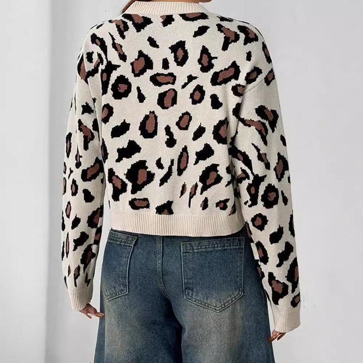 Damen Stilvolle Leopardenstrickjacke mit Bindebändern Drune
