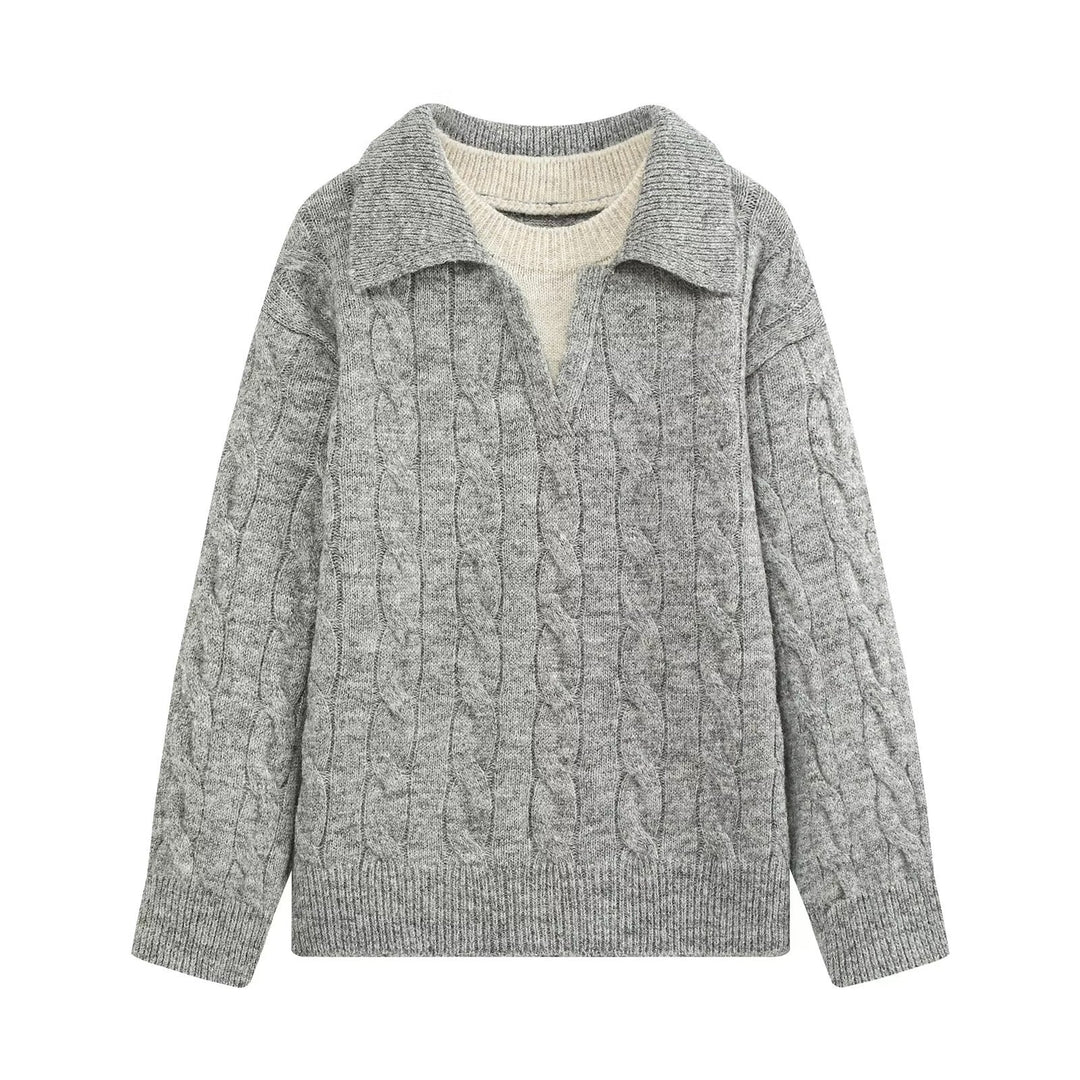 Damen Grobgestrickter Oversize-Pullover mit Polokragen und Zopfmuster Drune