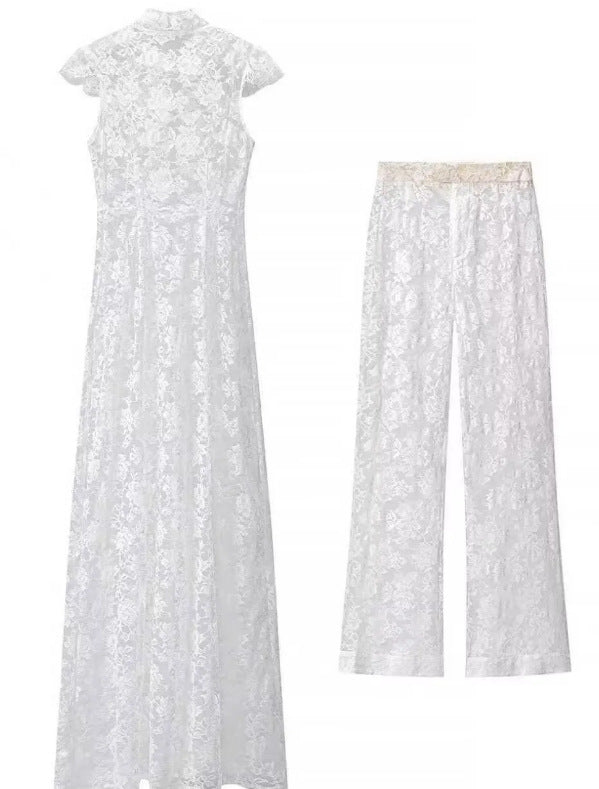 Damen Zweiteiliges Spitzenset mit Stehkragen‑Maxikleid und weiter Spitzenhose Drune