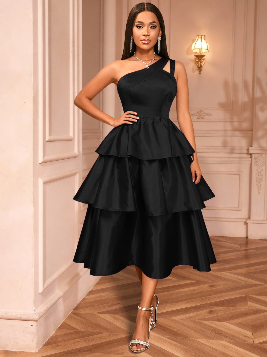 Damen Maxikleid mit asymmetrischem Träger und voluminösen Rüschen Drune