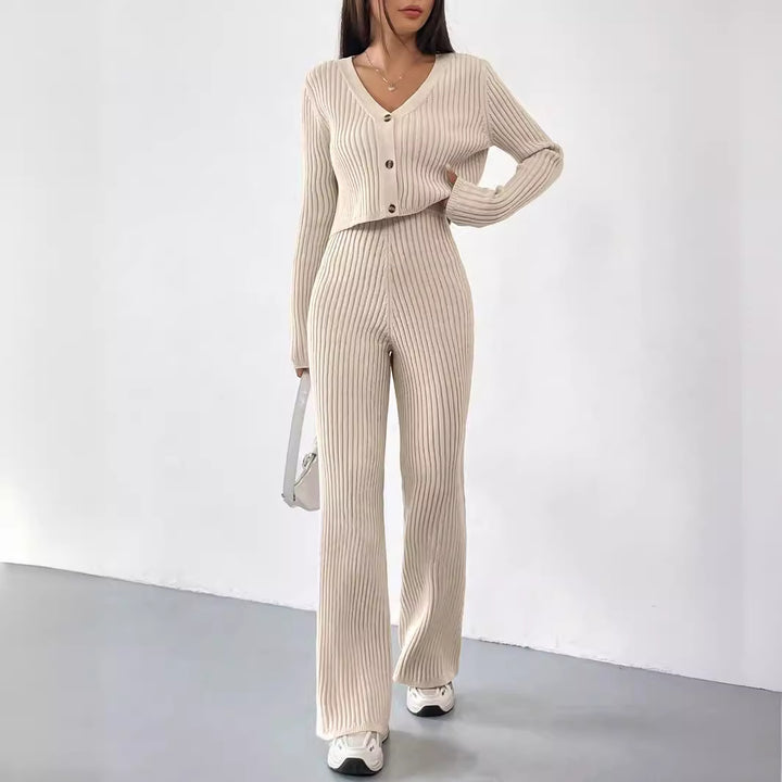 Damen Strick Set mit V-Ausschnitt und weitem Bein Drune