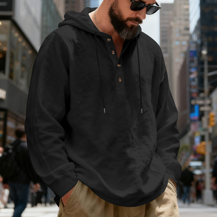 Herren nan leichter Kapuzenshirt mit Knopfleiste aus Leinenmischung und entspanntem Schnitt Drune