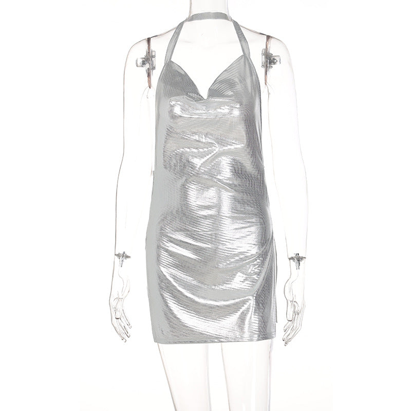 Damen glänzendes Minikleid im lässigen Chic-Stil mit Halternack Drune