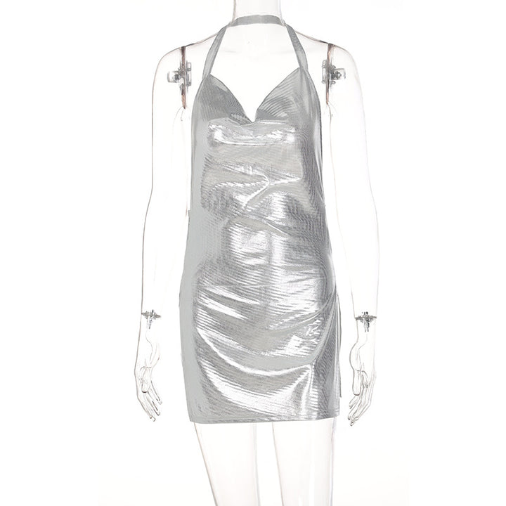 Damen glänzendes Minikleid im lässigen Chic-Stil mit Halternack Drune