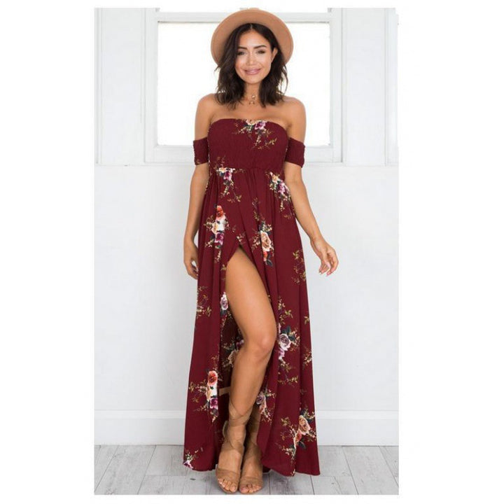 Damen Maxikleid mit schulterfreiem Design und floralen Mustern Drune