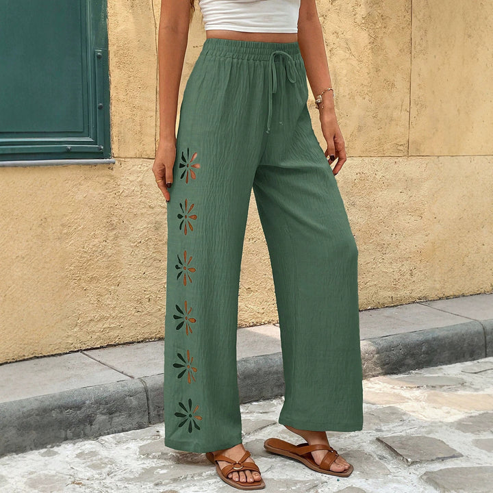 Damen Weite Leinenhose mit Blumen-Applikationen und Elastikbund Drune