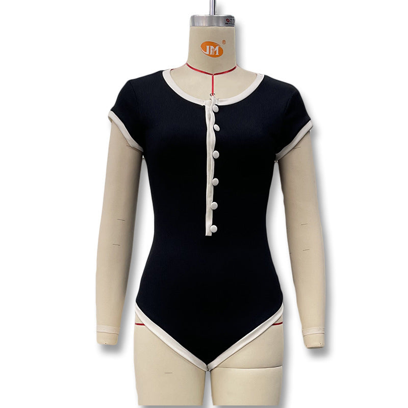 Damen Modischer Body mit Knopfdetails Drune