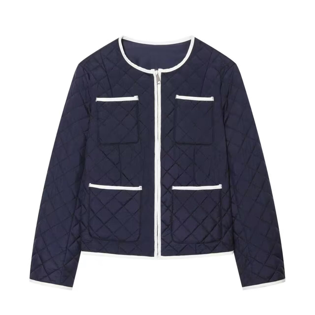 Damen Kurz gesteppte Jacke mit Rundhals, Kontrastpaspel und aufgesetzten Taschen Drune