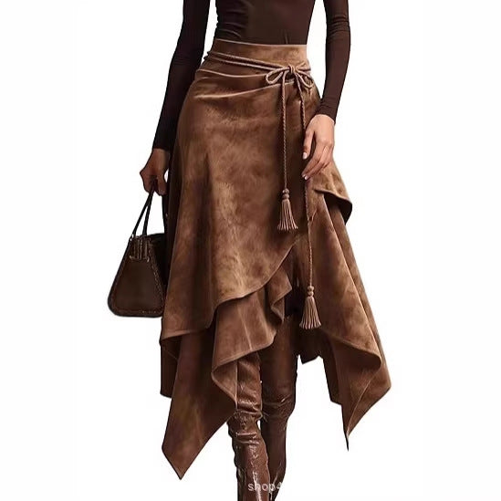 Damen asymmetrischer Wickelrock mit dekorativen Quasten Drune