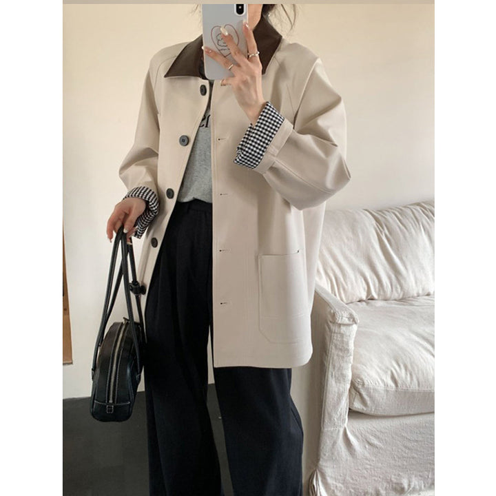 Damen Leichte Oversize-Übergangsjacke mit Kontrastkragen und kariertem Ärmelsaum Drune
