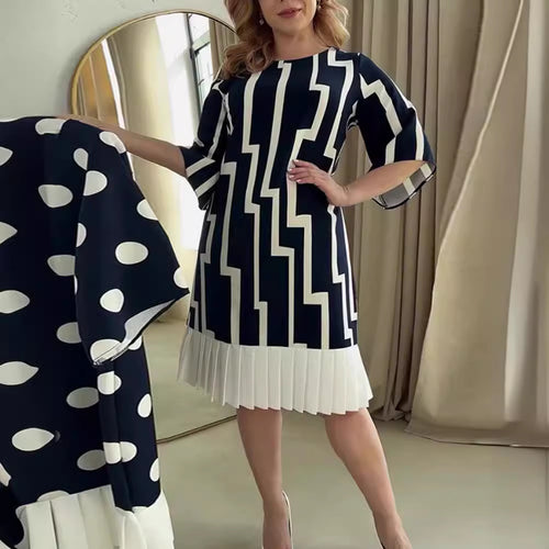 Damen nan grafisches A-Linienkleid mit plissiertem Saum und dreiviertelärmeln Drune