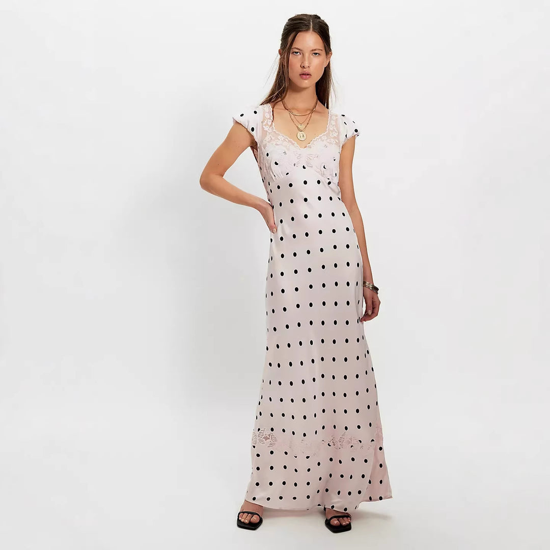 Damen Elegantes Maxikleid mit Polka-Dots und romantischem Rückenausschnitt Drune