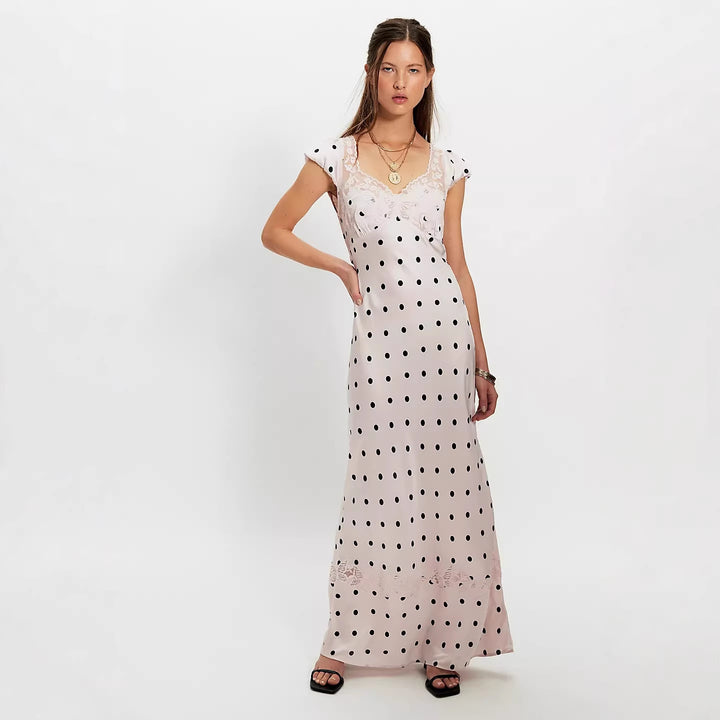 Damen Elegantes Maxikleid mit Polka-Dots und romantischem Rückenausschnitt Drune
