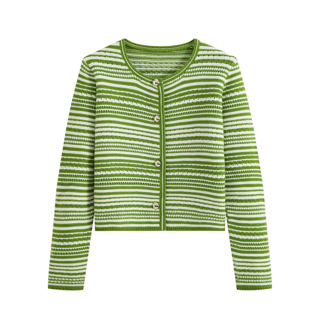 Damen gestreifte Kurzstrickjacke mit Rundhals und dekorativen Knöpfen Drune