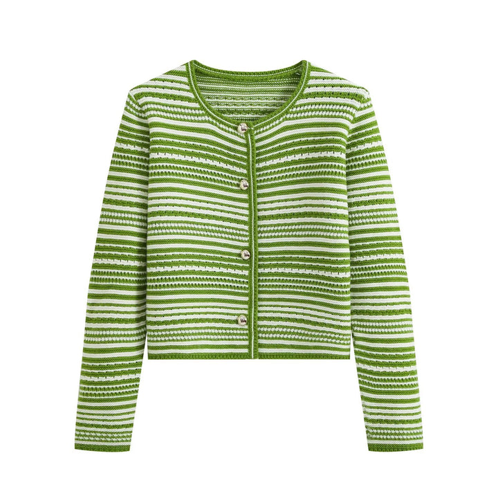 Damen gestreifte Kurzstrickjacke mit Rundhals und dekorativen Knöpfen Drune
