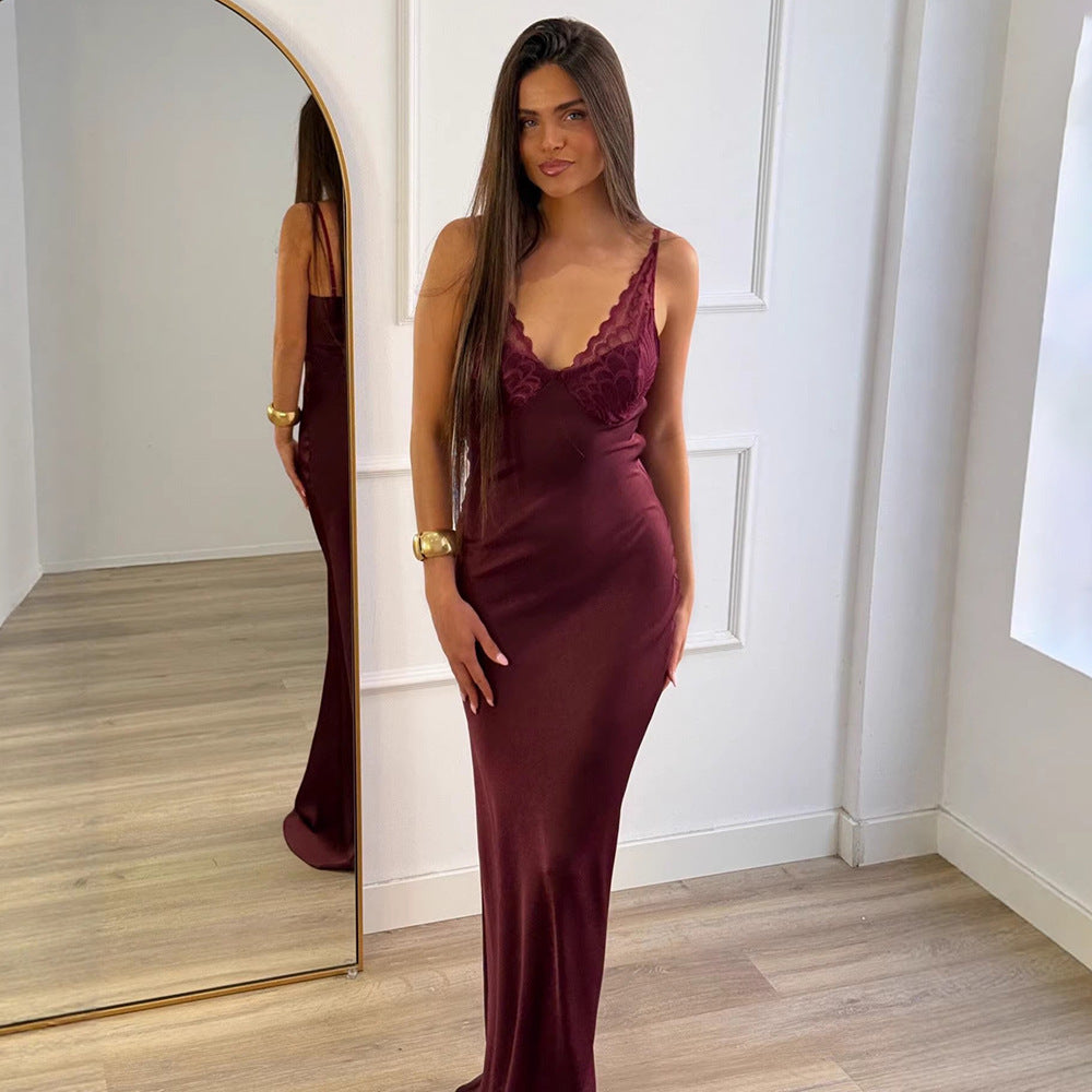 Damen Elegantes Seiden-Maxikleid mit Spitzenverzierung Drune