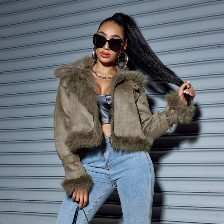 Damen Kurzjacke aus Wildlederoptik mit Fellbesatz, Kapuze & Reißverschluss Drune
