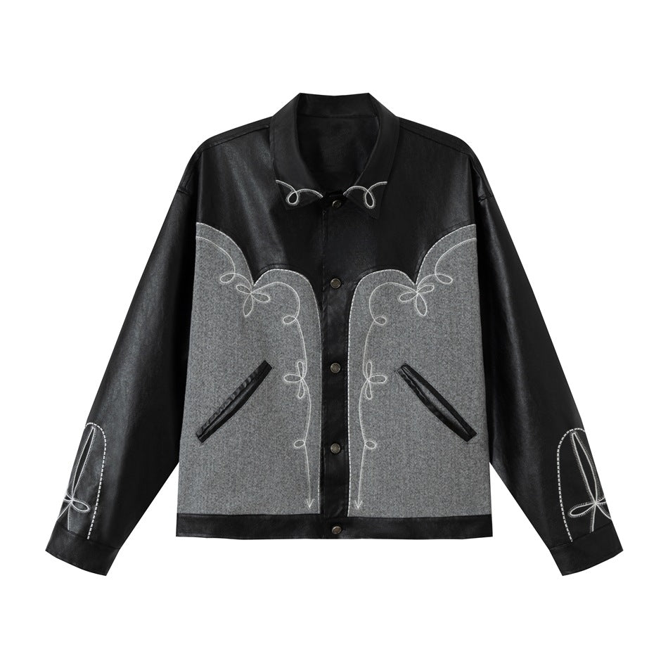 Unisex Boxy-Blouson aus Lederimitat und Wollmix mit Westernstickerei Drune