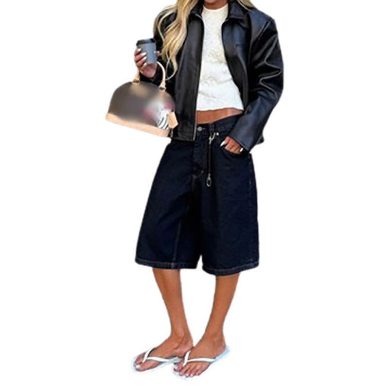Damen Modische Kunstlederjacke mit elastischem Schnitt und praktischen Taschen Drune
