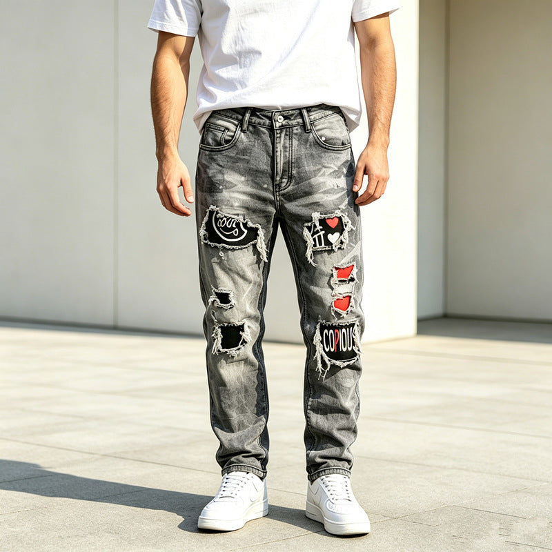 Herren Modische Destroyed Jeans mit kreativen Patches Drune
