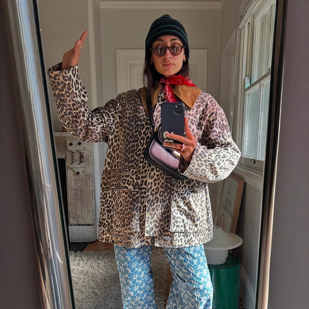 Damen Oversize-Fieldjacke mit Leoprint und kontrastierendem Cordkragen Drune