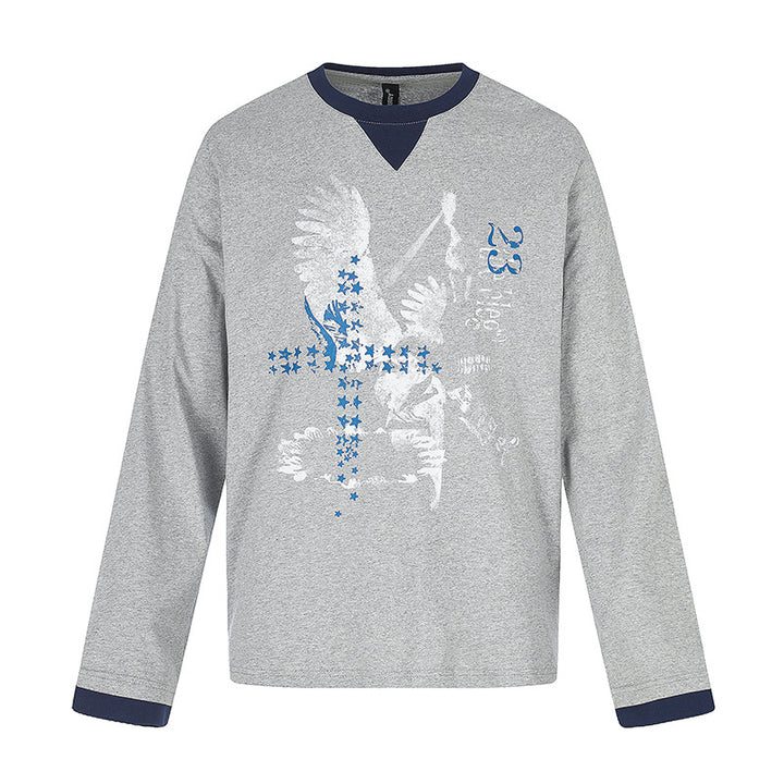 Herren Baumwoll-Langarmshirt Sweatshirt mit Adler-Print und Kontrastbündchen Drune