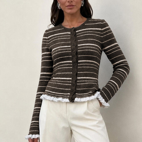 Damen Feinstrick-Buttoncardigan mit Streifen, Rüschenbesatz & taillierter Passform Drune