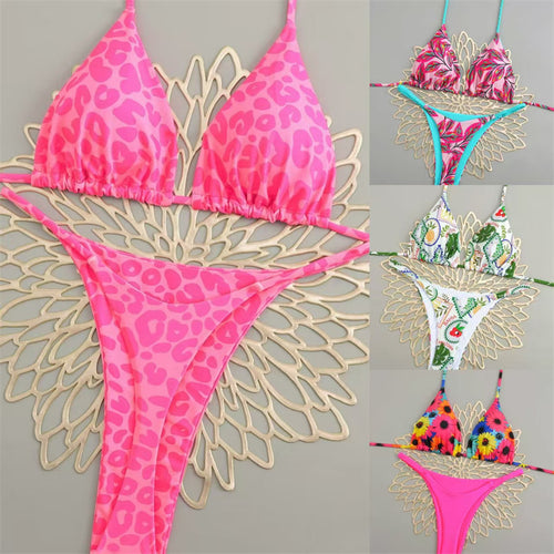 Damen Triangelbikini mit buntem Muster und verstellbaren Trägern Drune