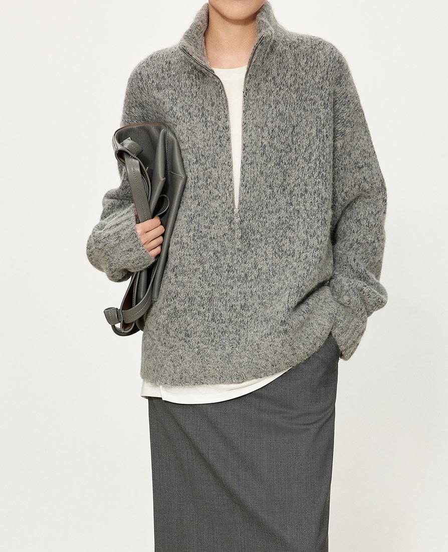 Damen Grobstrickpullover mit hohem Kragen und halber Reißverschluss Drune