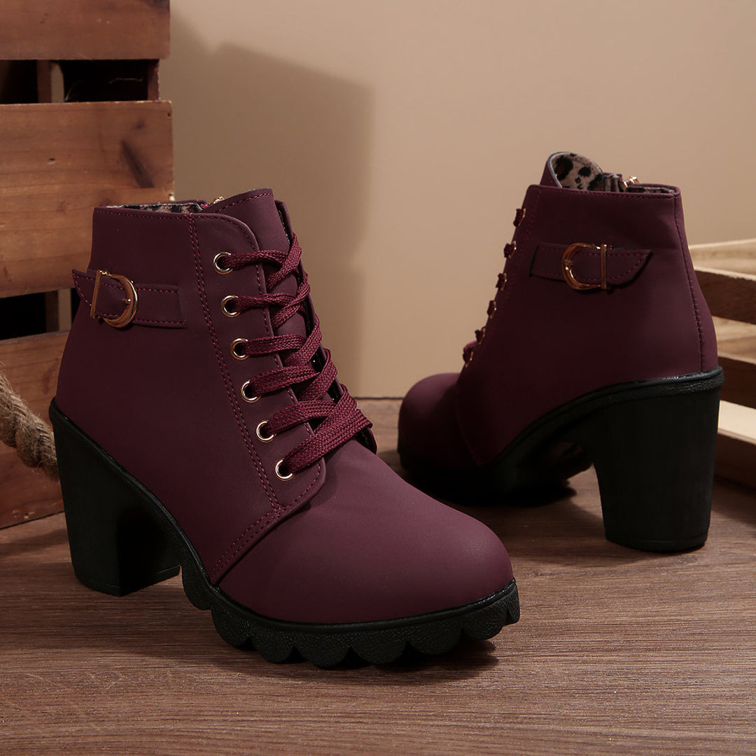 Damen nan knöchelhohe Schnürstiefelette mit robustem Blockabsatz und profilstarker Lugsohle Drune
