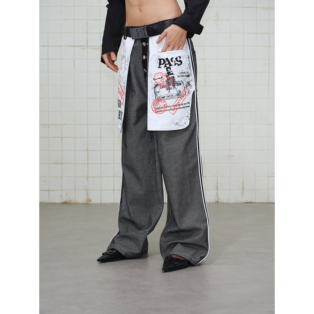 Damen Wide-Leg Cargo-Jeans mit aufgesetzten Grafik-Patches und Kontraststreifen Drune