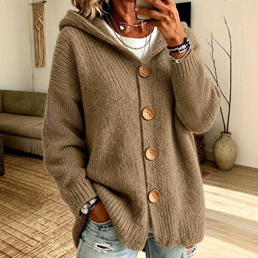 Damen Grobgestrickter Kapuzencardigan mit überlanger Silhouette, Holzknopfleiste und gerippten Bündchen Drune
