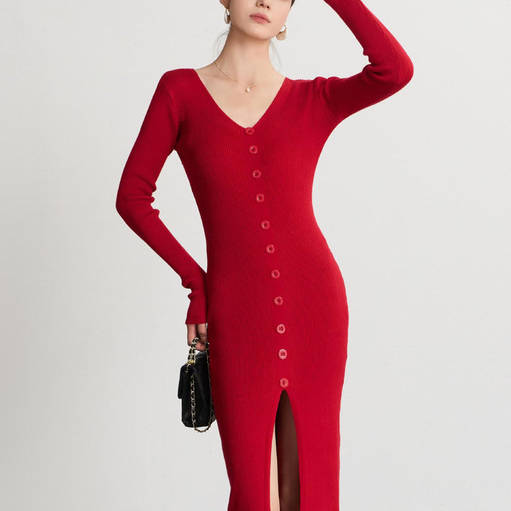 Damen Langärmliges Maxikleid mit Rippstruktur und Knopfdetail Drune