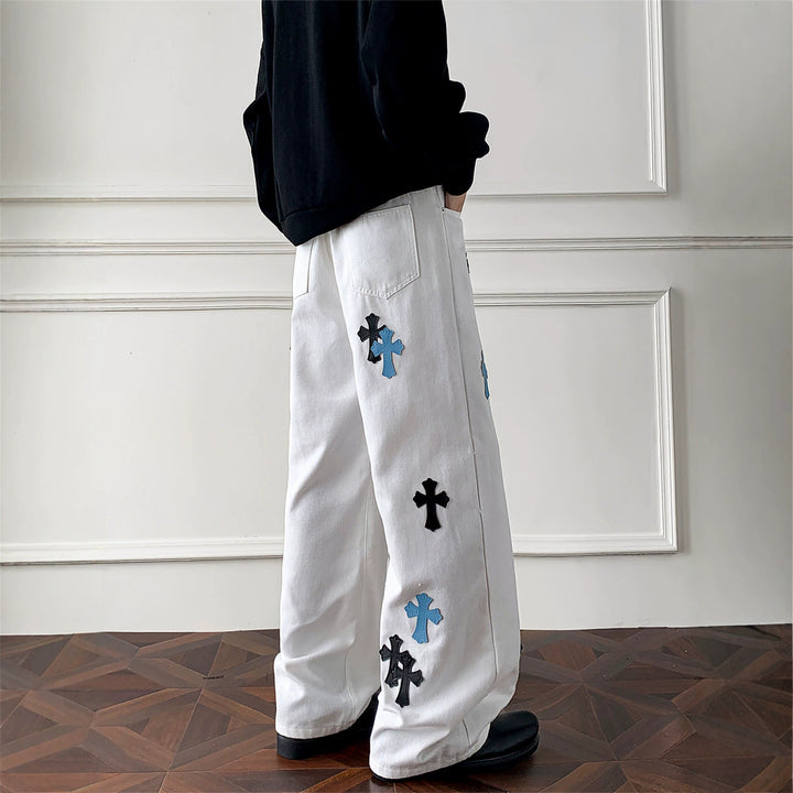Damen Weitgeschnittene Denim-Hose mit kreativem Kreuzdesign Drune