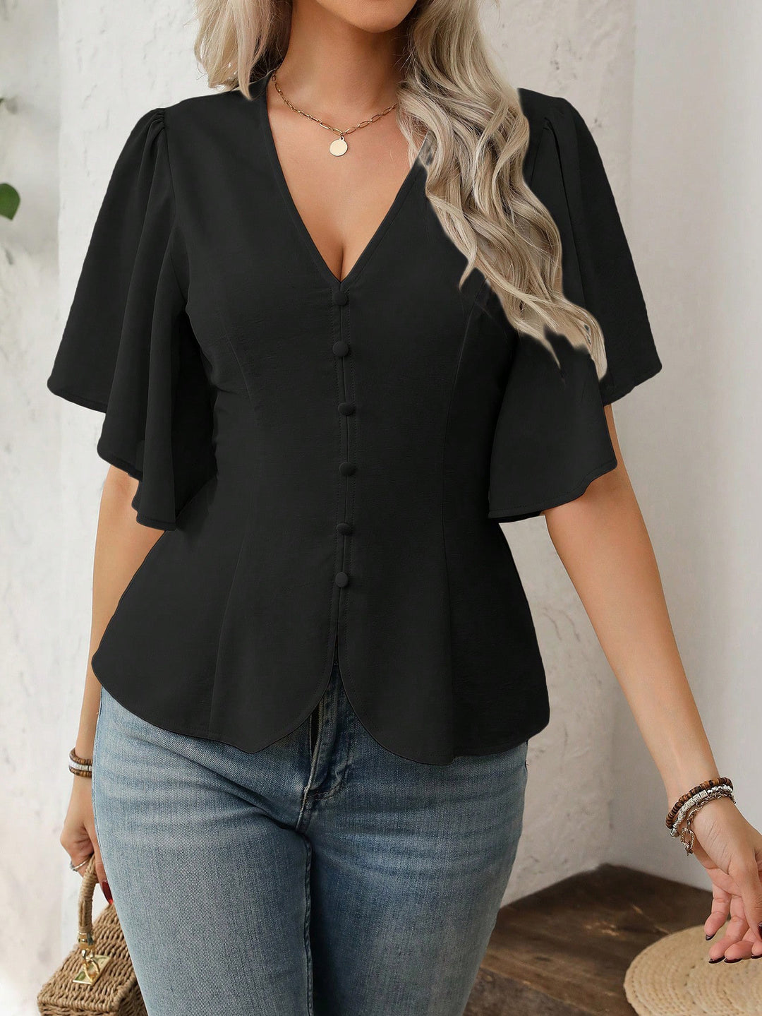 Damen V-Ausschnitt taillierte Bluse mit Schößchen und Volantärmeln Drune