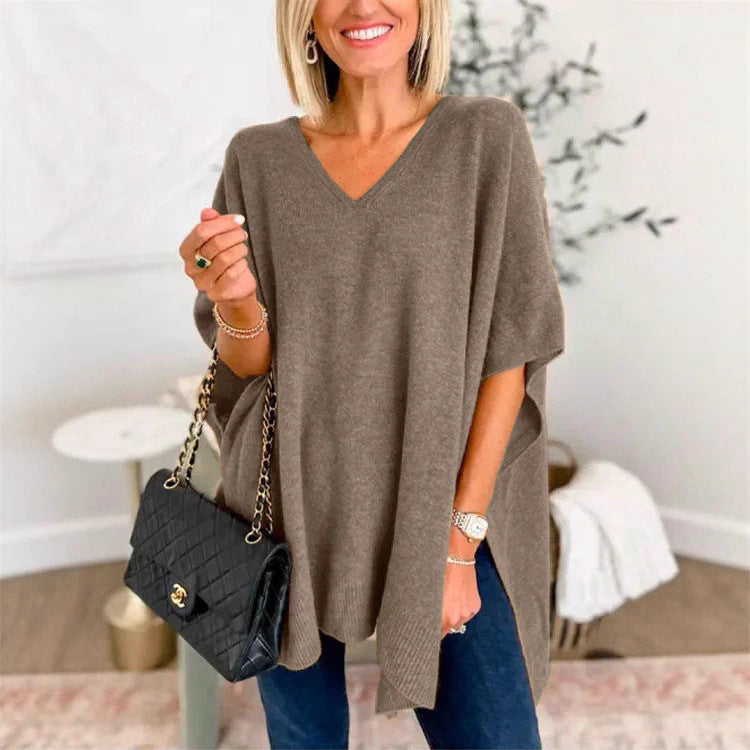 Damen Strickponcho mit V-Ausschnitt und lässigem Schnitt Drune